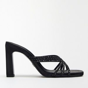 ZARA BLACK SATIN EFFECT RHINESTONE HEELED SANDALS SIZE 39 BNWT